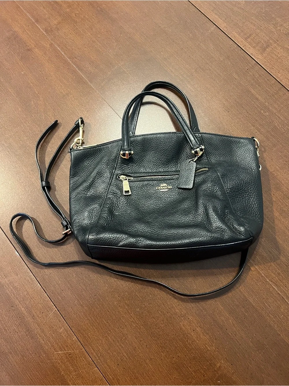 Coach Black Pebbled Leather Satchel with Gold Hardware and Strap